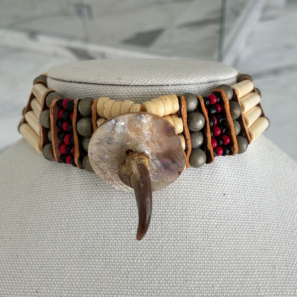 authentic native choker with bear claw bone beads and hide.handmade first nation